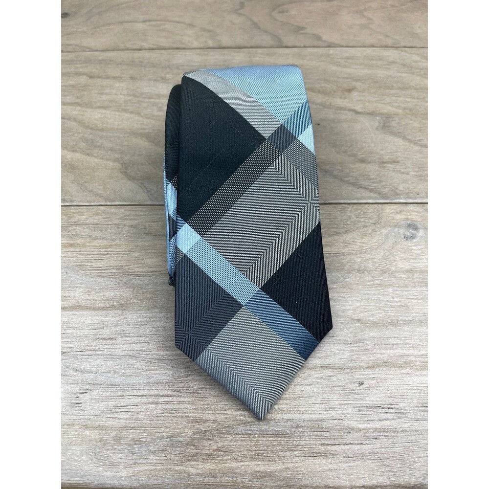 MADE Men's Silk Tie Blue Black Gray Plaid Pattern 57 Inch